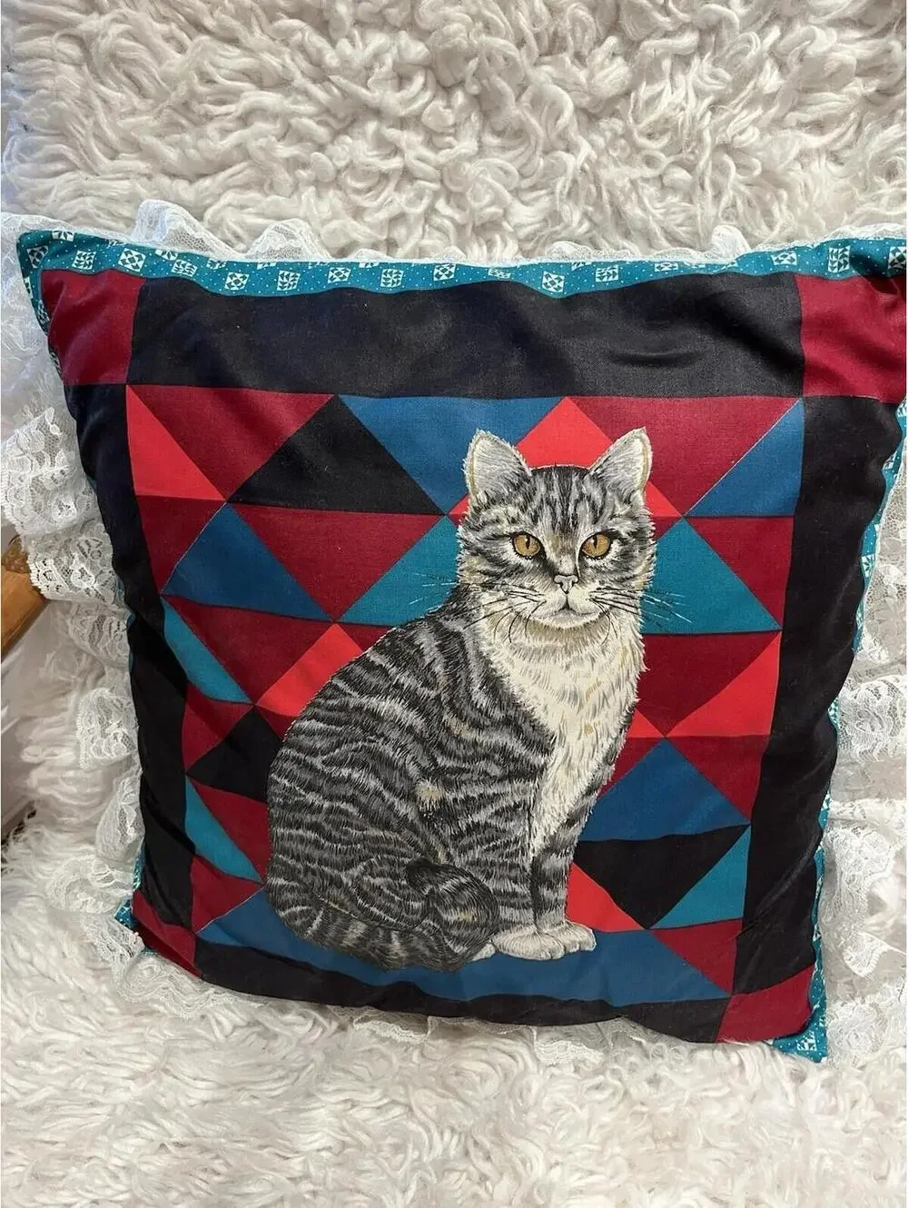 14x14” Tabby Kitty Cat 90s Colorblock Lace Edge Throw Pillow Teal Red Black